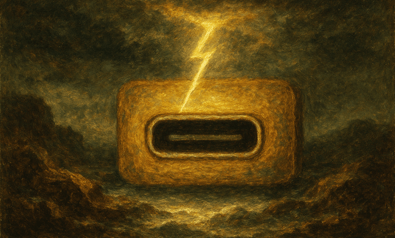 An AI-created image of a Thunderbolt 5 USB-C port in a cloudy sky with a bolt of lightning striking the USB-C input.