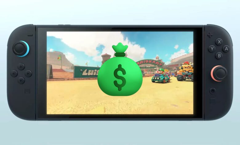 The Nintendo Switch 2 running Mario Kart World with a dollar sign icon edited over it