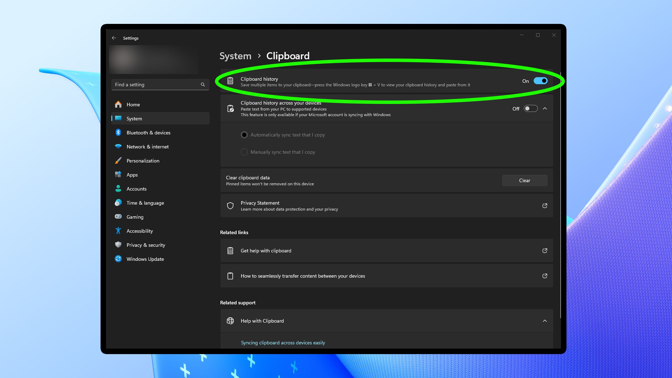 فعال کردن تاریخ کلیپ بورد در ویندوز 11.