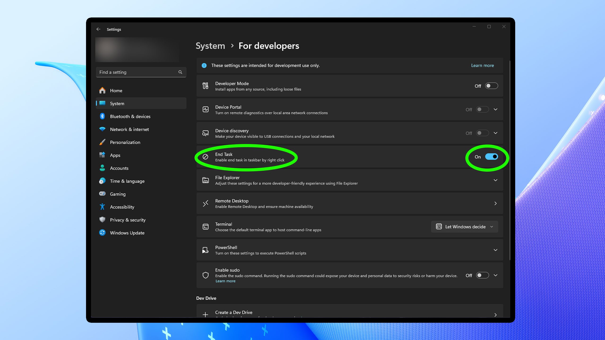 تنظیمات پایان کار ویندوز 11.