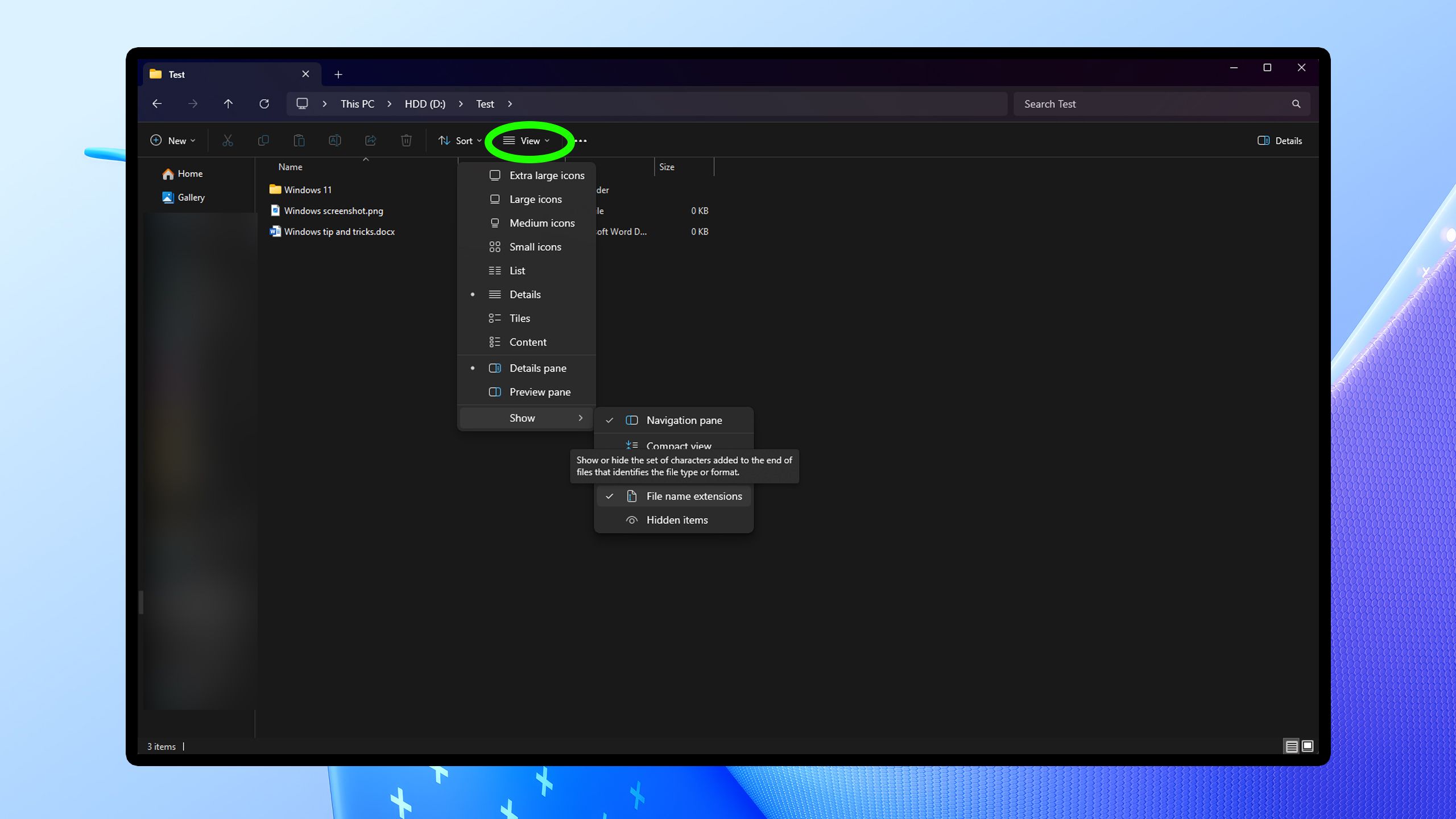 فعال کردن پسوندهای پرونده در ویندوز 11.