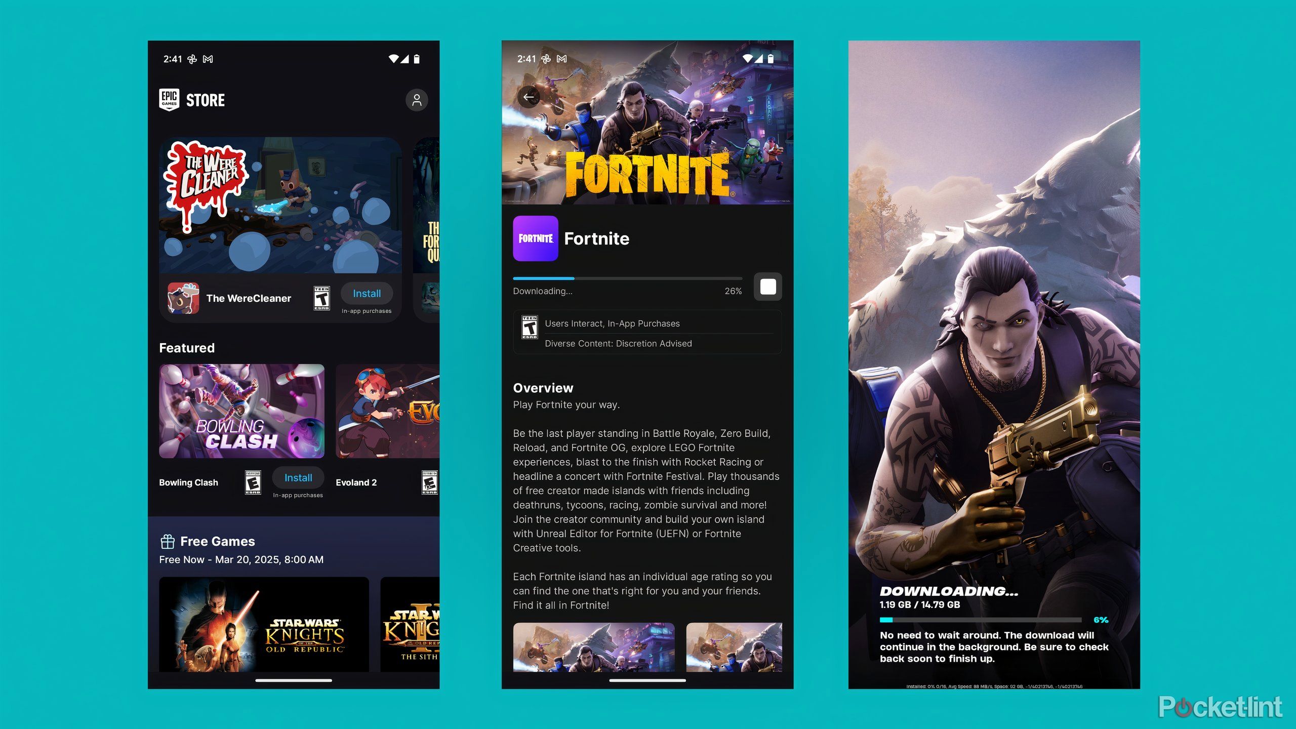 سه تصویر که نشان دهنده فروشگاه بازی های حماسی ، صفحه Fortnite و صفحه بارگذاری Fortnite است.