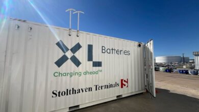 A shipping container holds XL Batteries' demonstration battery equipment.