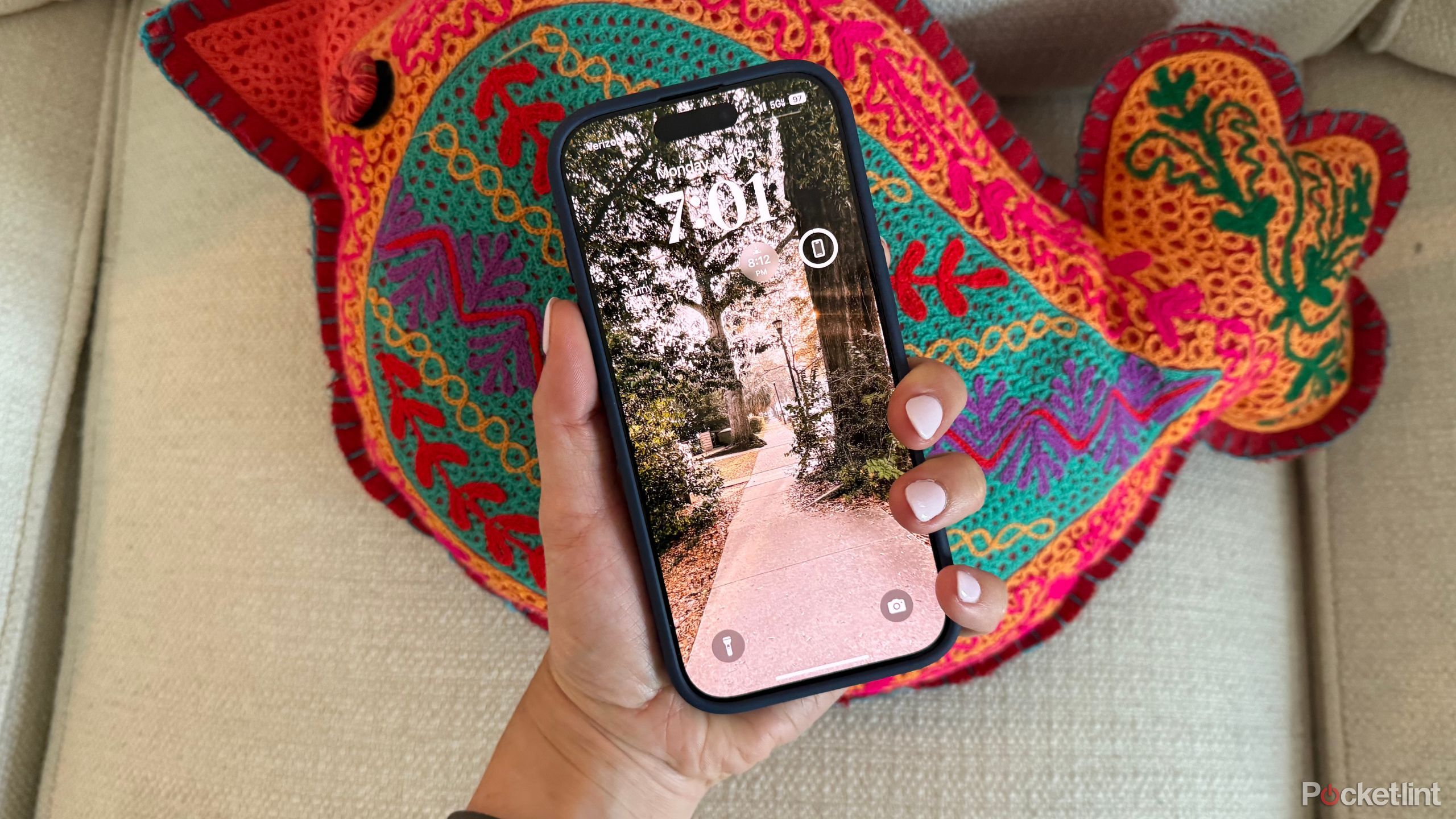 صفحه قفل آیفون 16 Pro و بالش پرنده.