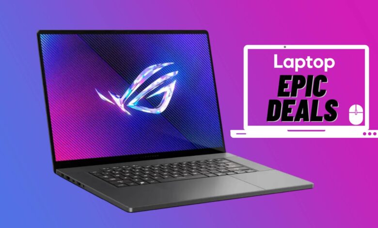 Asus ROG Zephyrus G16 against blue and pink gradient background with epic deals badge.