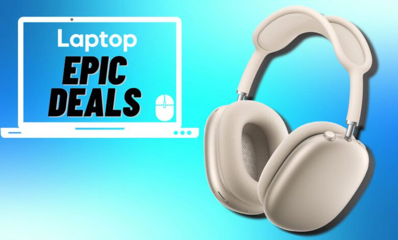 A pair of AirPods Max headphones beside a Laptop Mag deals icon in front of a blue background