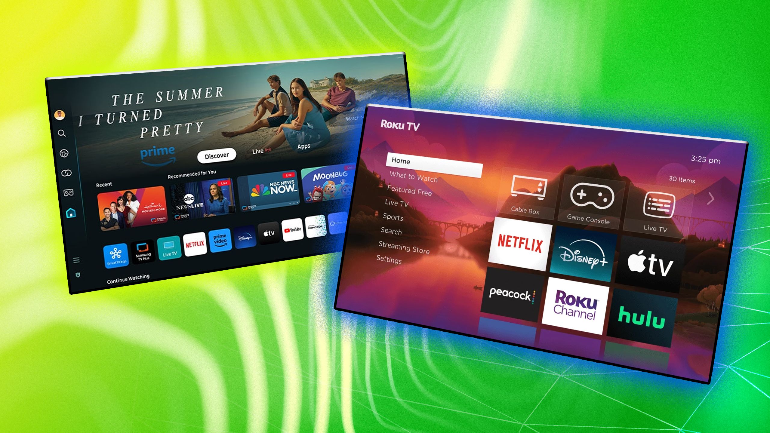 UI Roku TV UI و Samsung TV UI در کنار هم در پس زمینه سبز.