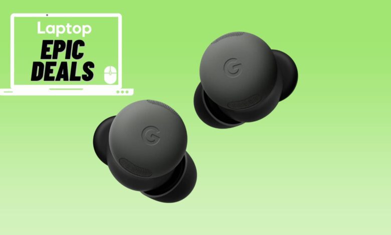 Left and right hazel Pixel Buds Pro 2 wireless earbuds against a green gradient background with epic deals sticker in the upper left corner.