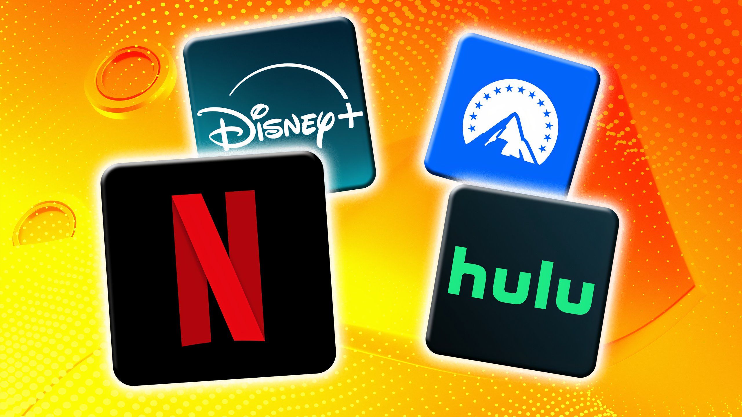 نمادها در پس زمینه زرد Netflix ، Hulu ، Disney+و Paramount+