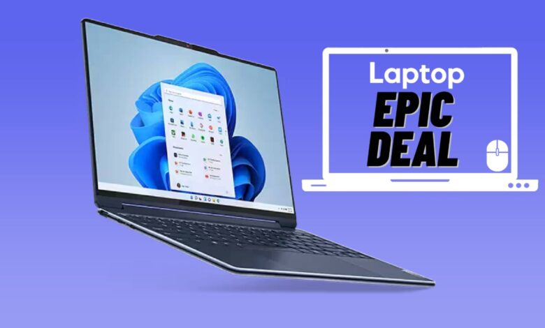 Blue Lenovo Yoga 9i 2-in-1 laptop against blue gradient background.