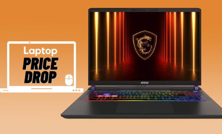 MSI Vector 16 HX AI RTX 5070 Ti gaming laptop against orange gradient background with laptop price drop sticker.