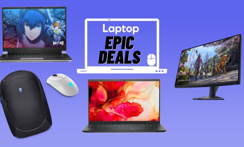 Alienware x16 gaming laptop, Alienware 18 backpack, Alienware gaming mouse, Dell Inspiron 16 Plus laptop, and Alienware 32 gaming monitor against blue gradient background.