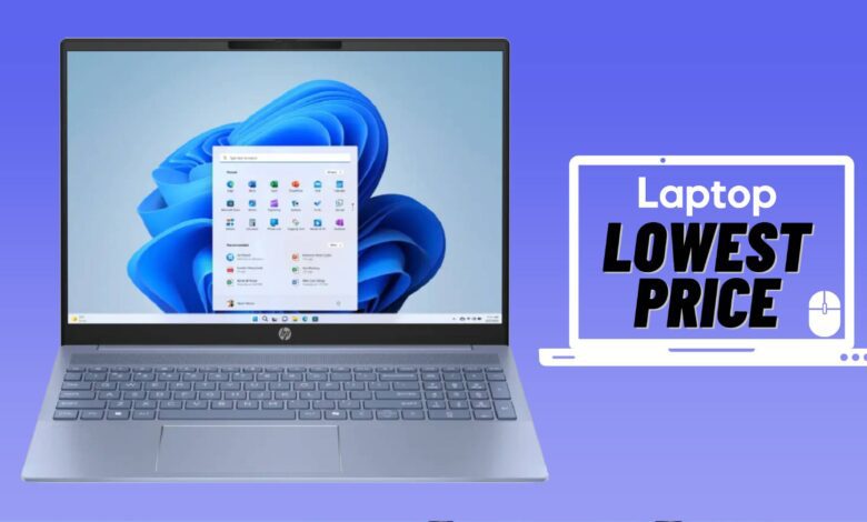 Sky blue HP Pavilion 16 against a blue gradient background.