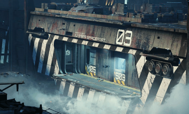 Futuristic spaceport with industrial hangar bays and labeled entrances surrounded by mist and small hovering spacecraft in a dark, atmospheric sci-fi setting.