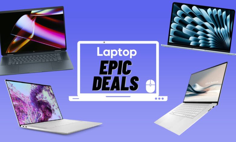 HP Spectre x360, Dell XPS 16, M4 MacBook Air, Asus Zenbook S16 OLED against blue gradient background with epic deals laptop badge.
