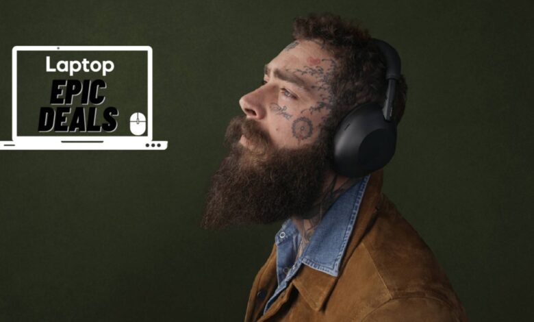 Recording artist Post Malone wearing black Sony WH-1000XM6 wireless headphones and a brown suede jacket with a denim blue shirt against a green background.