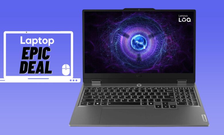 Gray Lenovo LOQ RTX 4060 gaming laptop against blue gradient background with laptop epic deal logo.