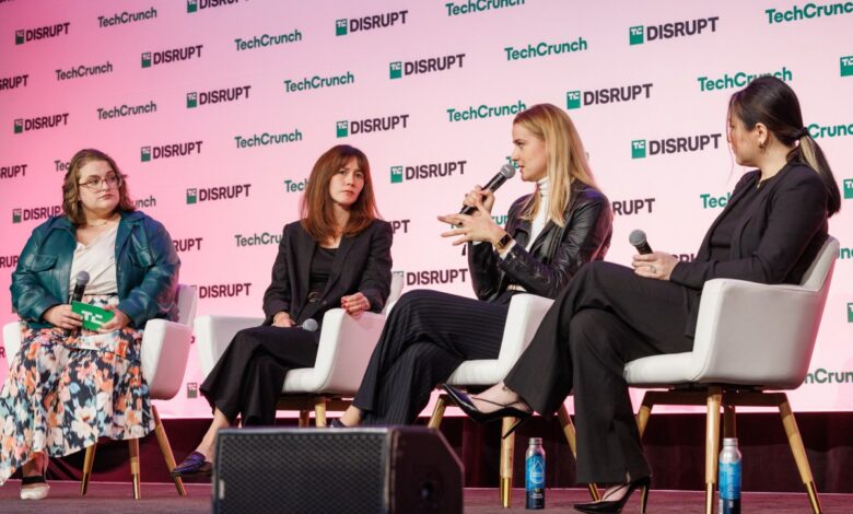 Aleksandra Pedraszewska AI Safety ElevenLabs, Sarah Myers West Executive Director AI Now Institute, and Jingna Zhang Founder & CEO Cara at TechCrunch Disrupt 2024 on Wednesday, Oct. 30, 2024. (Photo by Katelyn Tucker/ Slava Blazer Photography)