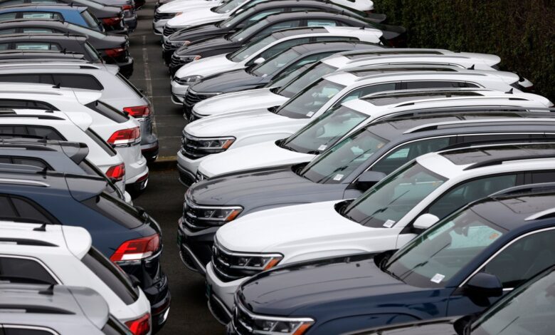 Brand new Volkswagen cars are displayed on the sales lot at Serramonte Volkswagen