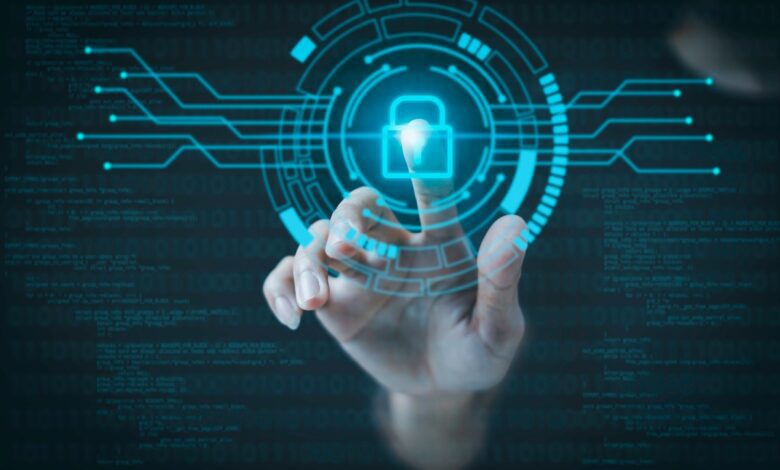 Business person pointing a security lock to show they are securing their low code application.
