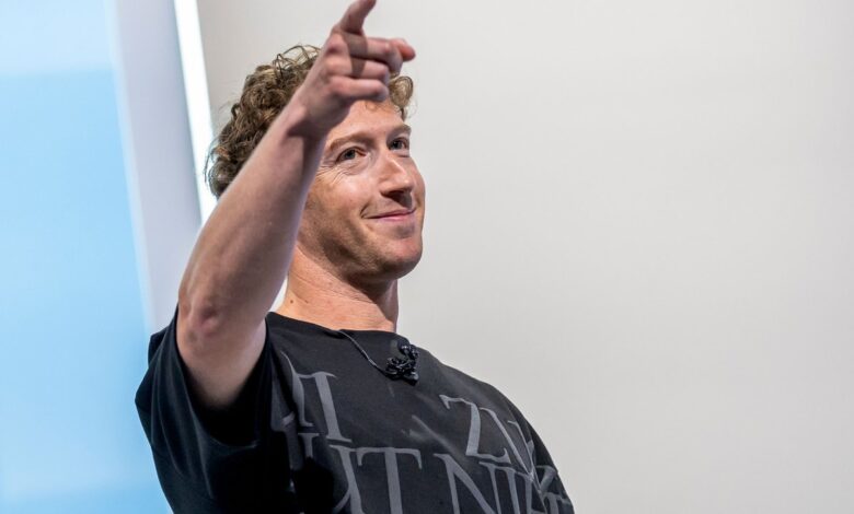 Mark Zuckerberg, chief executive officer of Meta Platforms Inc., during the Meta Connect event in Menlo Park, California, US, on Wednesday, Sept. 25, 2024. Meta Platforms Inc. debuted its first pair of augmented reality glasses, devices that show a combined view of the digital and physical worlds, a key step in Chief Executive Officer Mark Zuckerberg's goal of one day offering a hands-free alternative to the smartphone. Photographer: David Paul Morris/Bloomberg via Getty Images