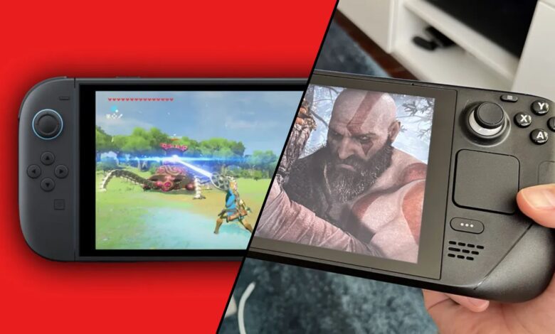 zelda on the switch 2 next to god of war on the steam deck