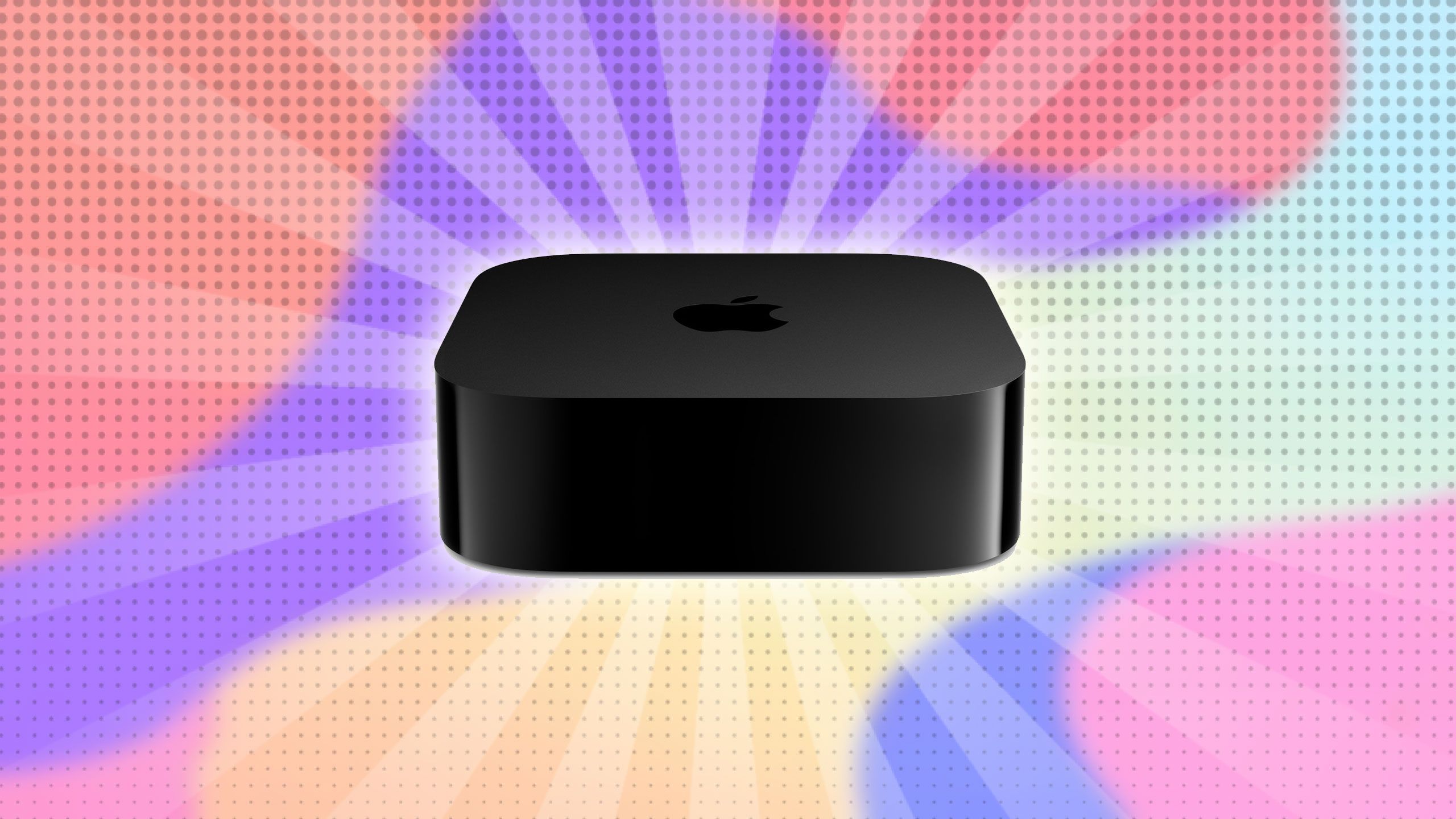 Apple TV 4K نسل 4 در برابر پس زمینه رنگین کمان.