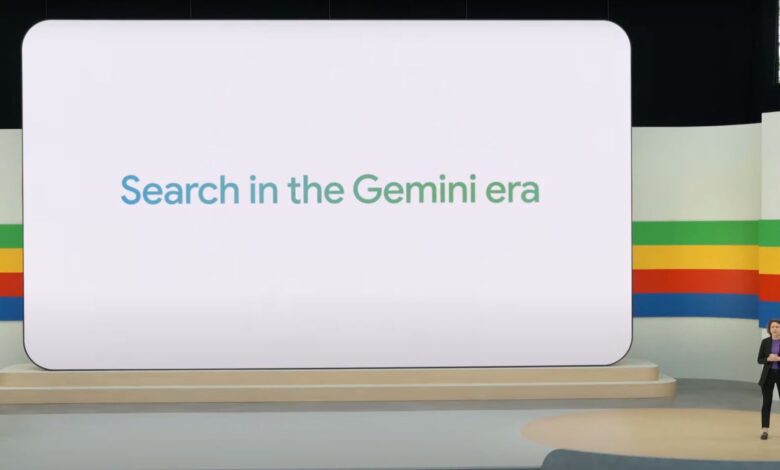 A presenter on stage at Google I/O 2024 in front of a slide that says "Search in the Gemini era."