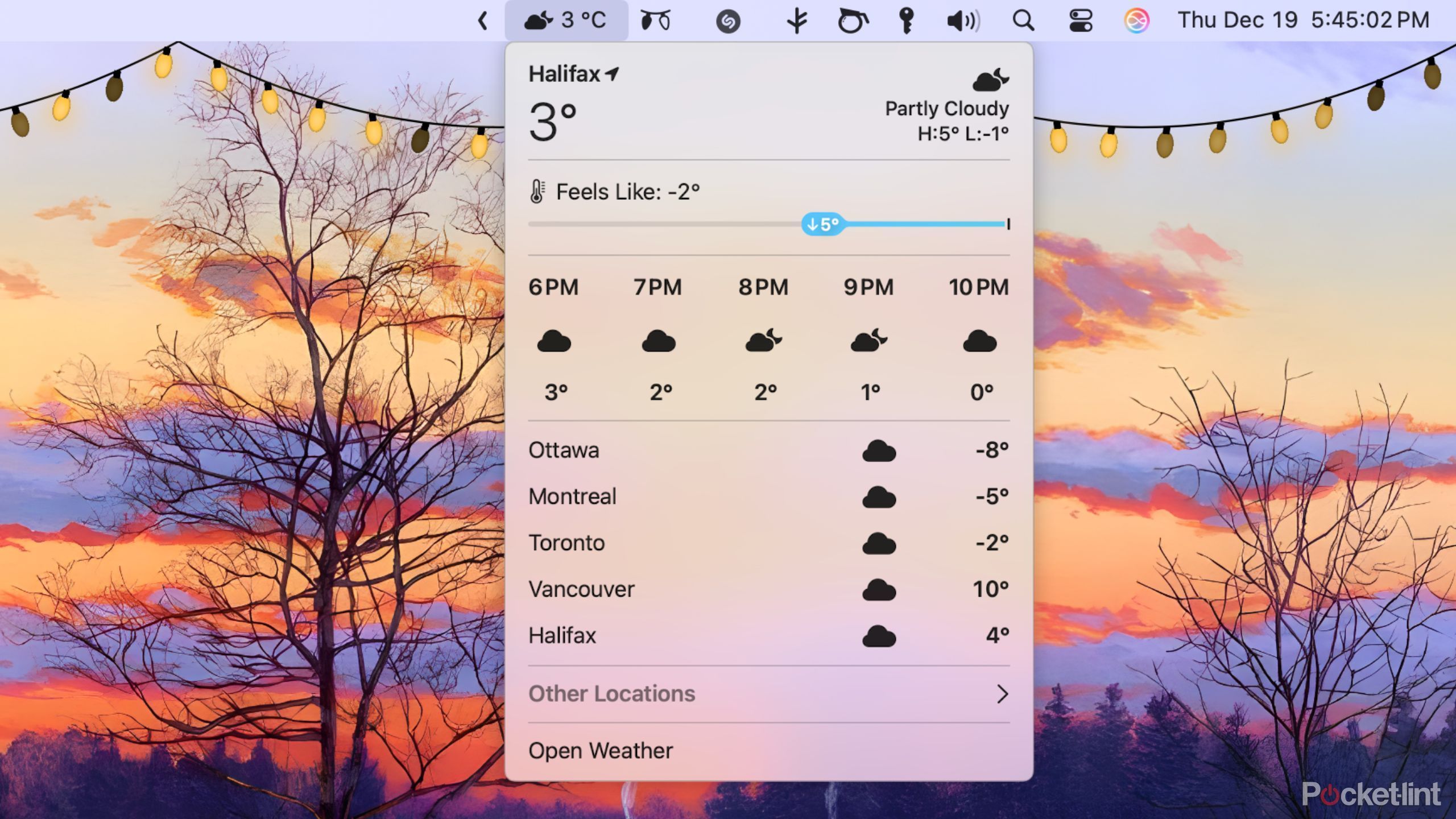جزئیات آب و هوا در نوار منوی MacOS Sequoia.