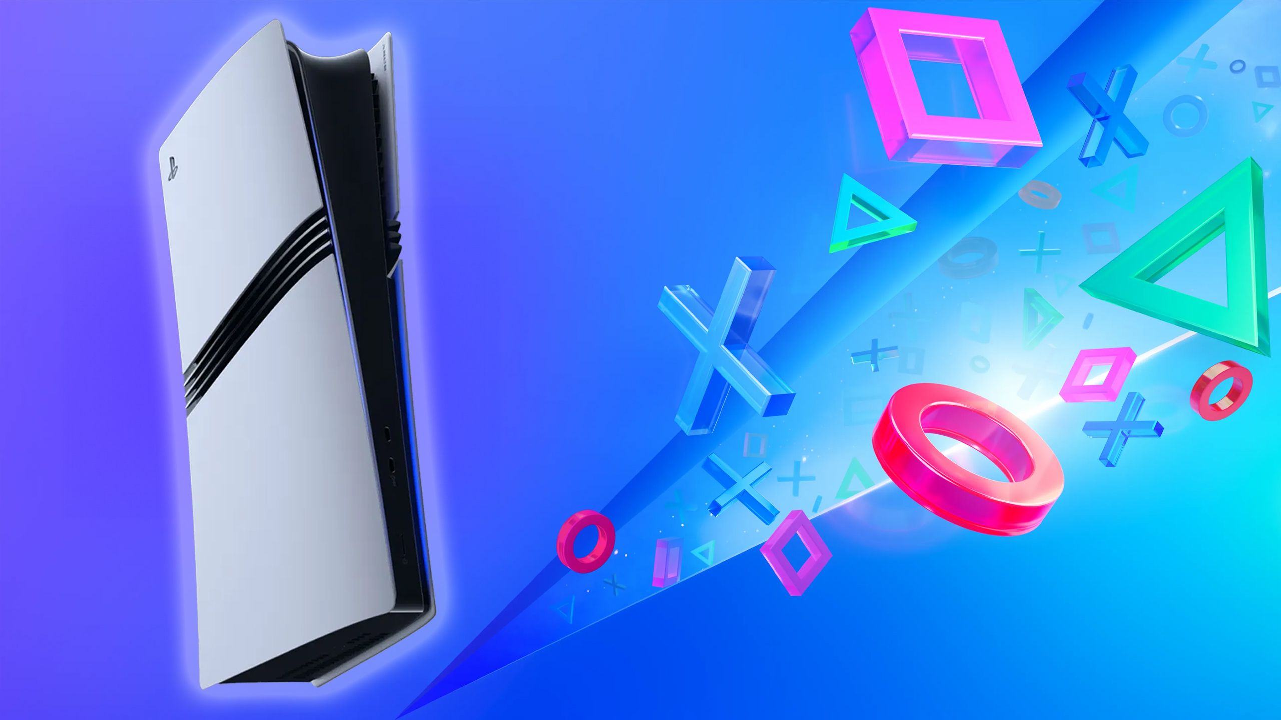 PS5 Pro در کنار نمادهای کنترل کننده شناور در پس زمینه آبی.