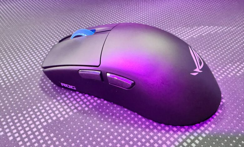 Asus ROG Harpe II Ace gaming mouse on a mousepad at Computex 2025.