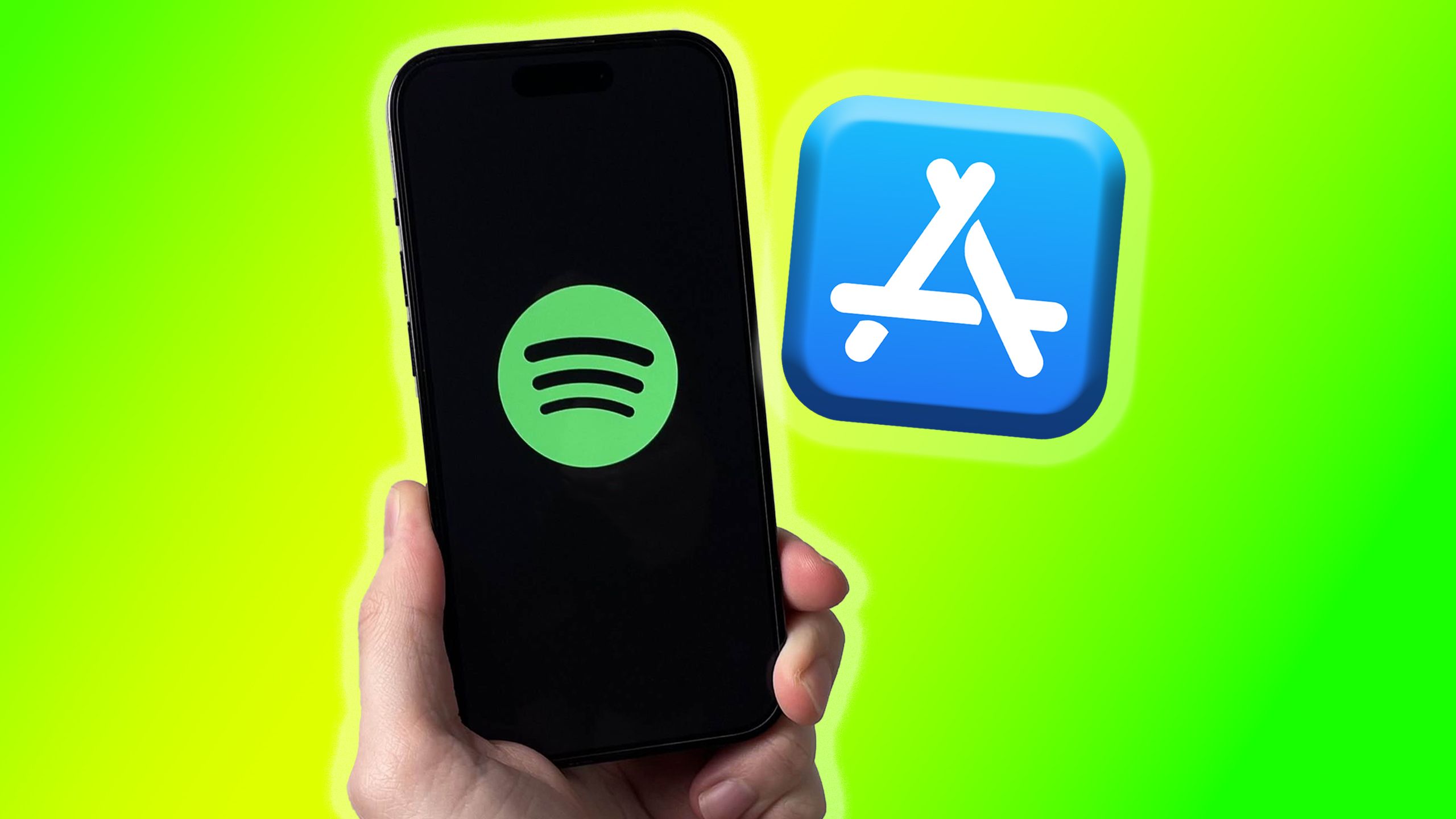 Spotify در آیفون کنار نماد App Store.