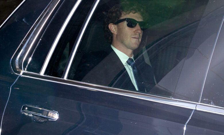 Mark Zuckerberg, chief executive officer of Meta Platforms Inc. rides in a limo wearing sunglasses.