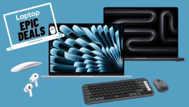 M4 MacBook Air, M4 MacBook Pro, Apple Magic Mouse, AirPods Pro 2, Logitech Pop Icon Keyboard and Mouse combo against a blue background.