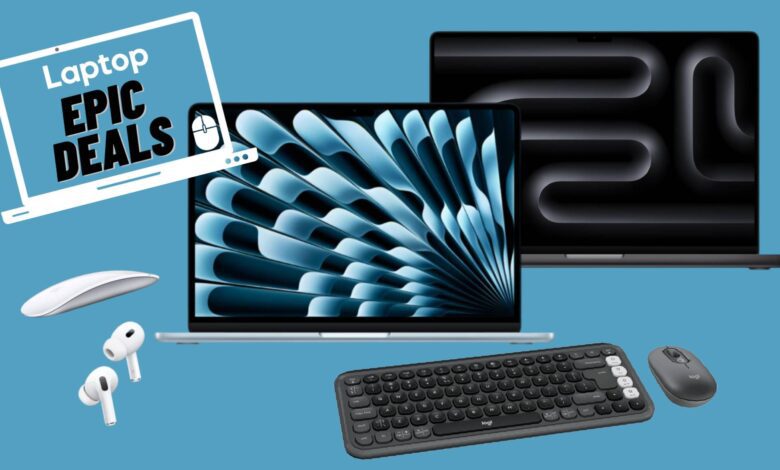M4 MacBook Air, M4 MacBook Pro, Apple Magic Mouse, AirPods Pro 2, Logitech Pop Icon Keyboard and Mouse combo against a blue background.