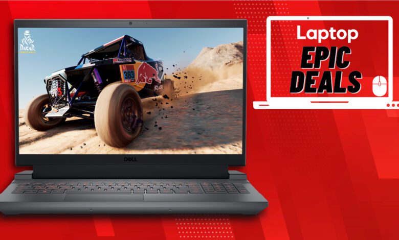 The Dell G15 gaming laptop beside a Laptop Mag deals icon in front of a red background