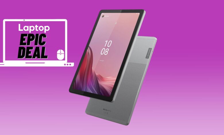 Lenovo Tab M9 against a purple gradient background.