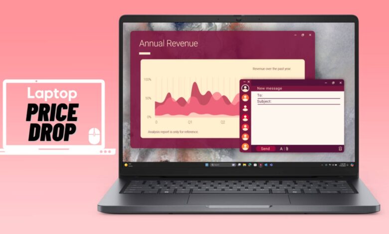 Magnetite gray Dell Pro 14 business laptop against a pink gradient background.
