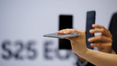 Samsung Galaxy S25 Edge smartphones during a launch event in Seoul, South Korea, on Tuesday, May 13, 2025. Samsung Electronics Co.'s latest device, which goes on sale in the US on May 30 for $1,099, is 5.8 millimeters thick and weighs 163 grams, making it about 30% thinner and 25% lighter than the S25 Ultra, the company's highest-end smartphone. Photographer: SeongJoon Cho/Bloomberg via Getty Images