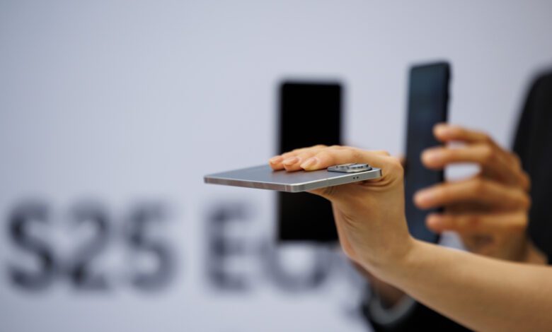 Samsung Galaxy S25 Edge smartphones during a launch event in Seoul, South Korea, on Tuesday, May 13, 2025. Samsung Electronics Co.'s latest device, which goes on sale in the US on May 30 for $1,099, is 5.8 millimeters thick and weighs 163 grams, making it about 30% thinner and 25% lighter than the S25 Ultra, the company's highest-end smartphone. Photographer: SeongJoon Cho/Bloomberg via Getty Images