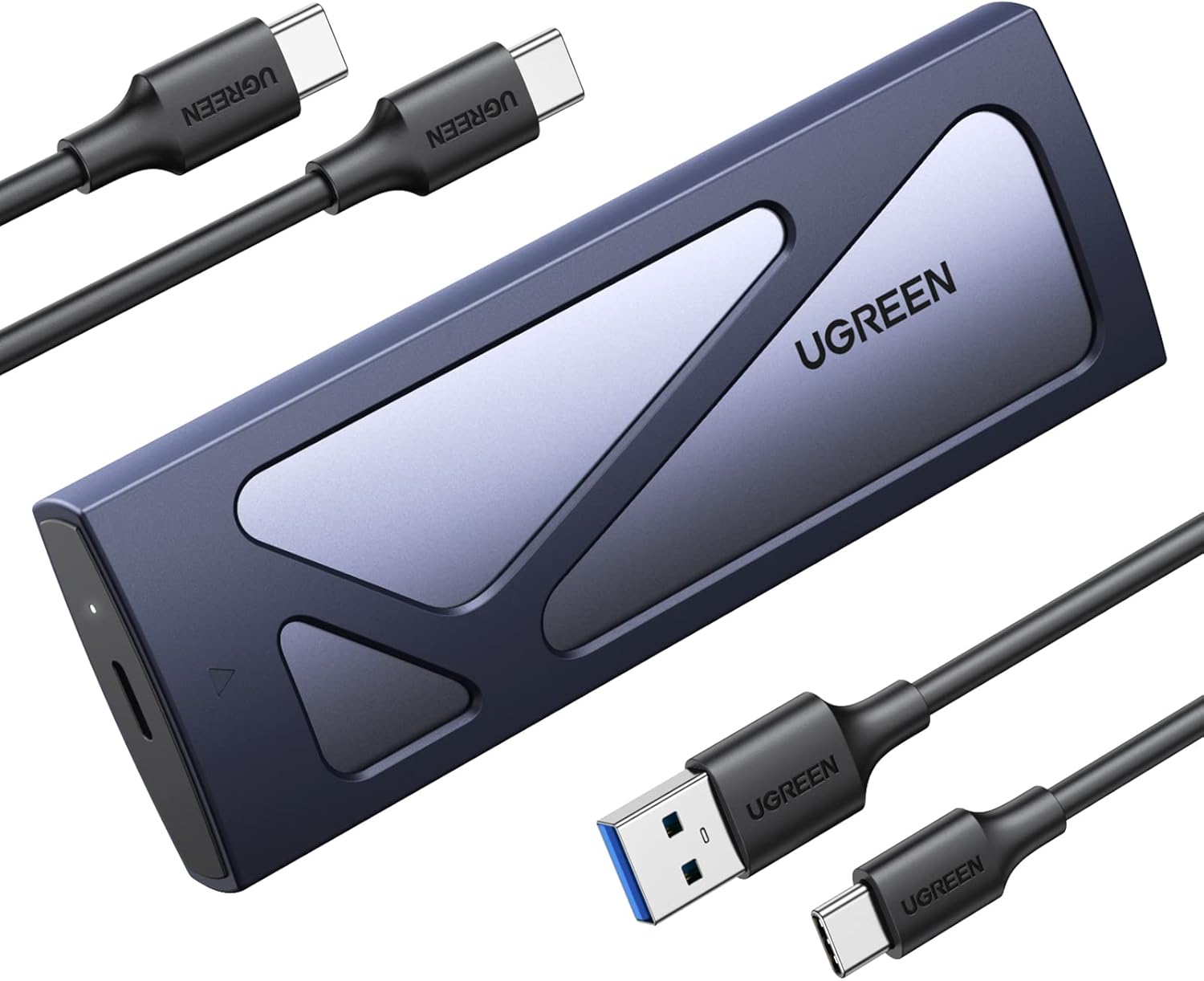 محفظه SSD Ugreen با یک کابل USB-C و یک USB-C به کابل USB-A نشان داده شده است.