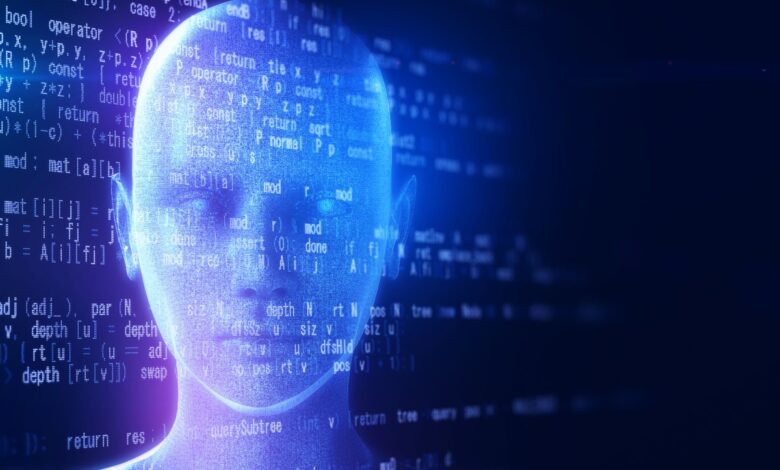Holographic human type AI robot and programming data on a black background.