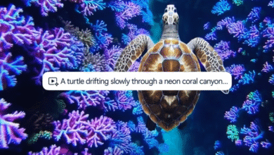 A still from a video of a turtle drifting slowly through a neon coral canyon.