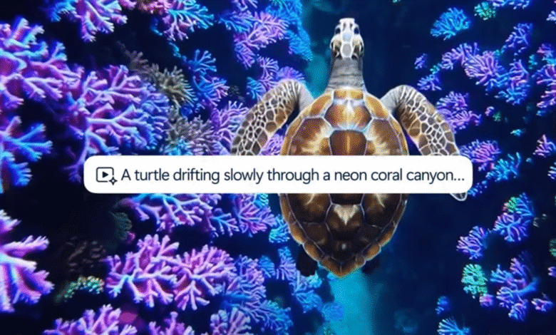 A still from a video of a turtle drifting slowly through a neon coral canyon.