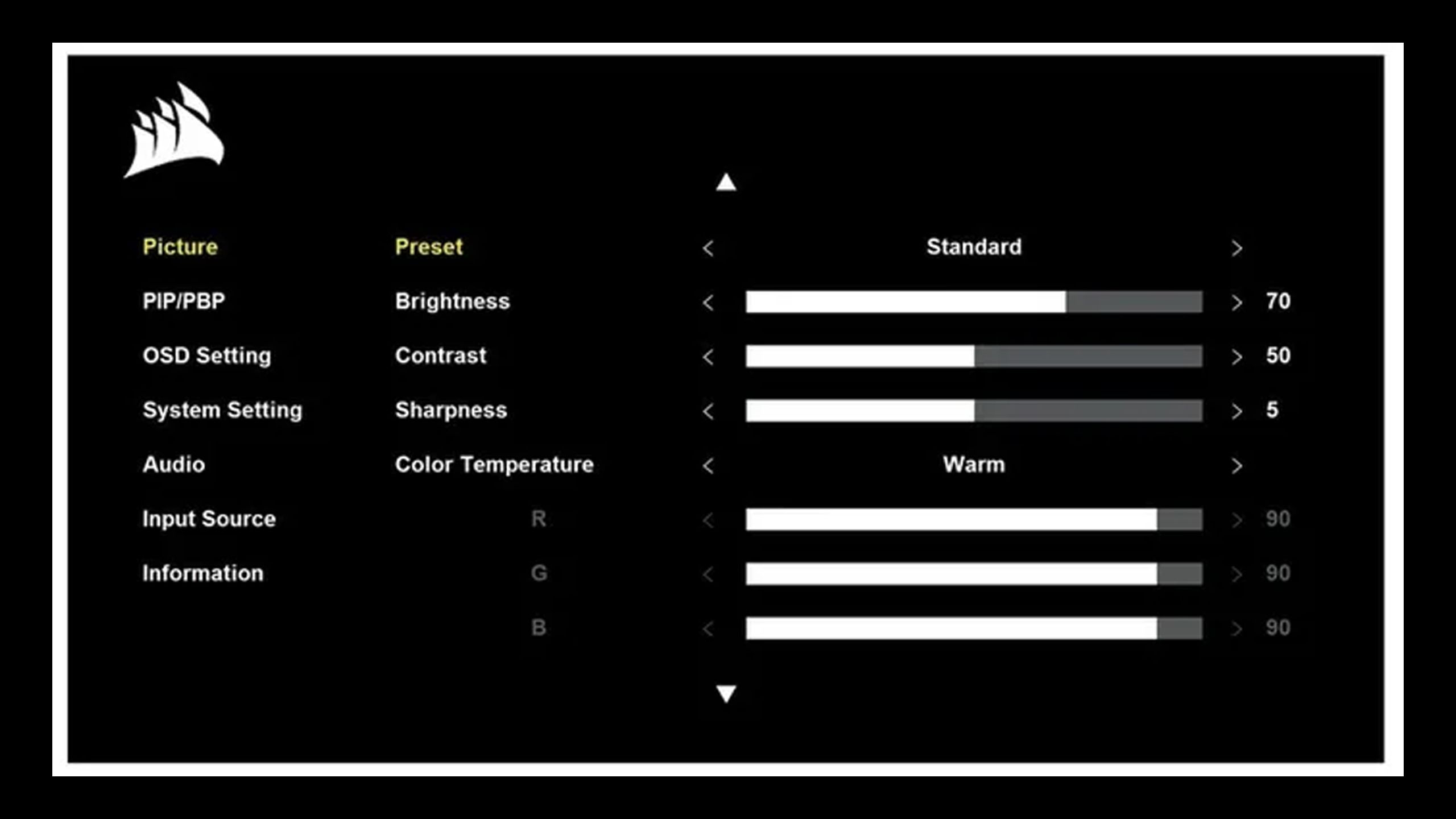 گزینه های از پیش تعیین شده برای مانیتور بازی Corsair.