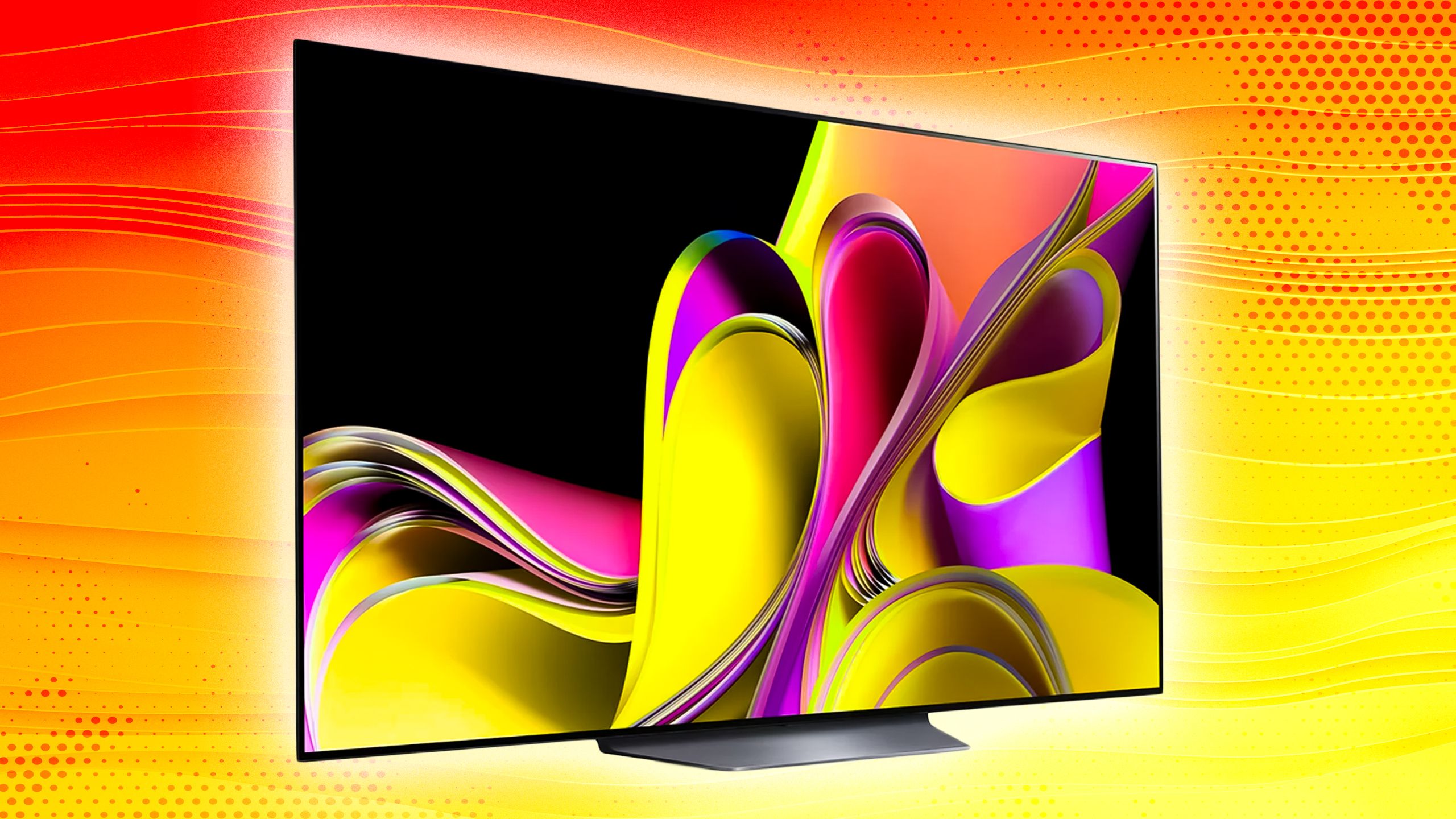 یک تلویزیون OLED با پس زمینه قرمز و زرد.