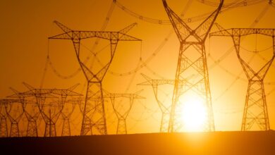 Silhouetted electricity pylon grid