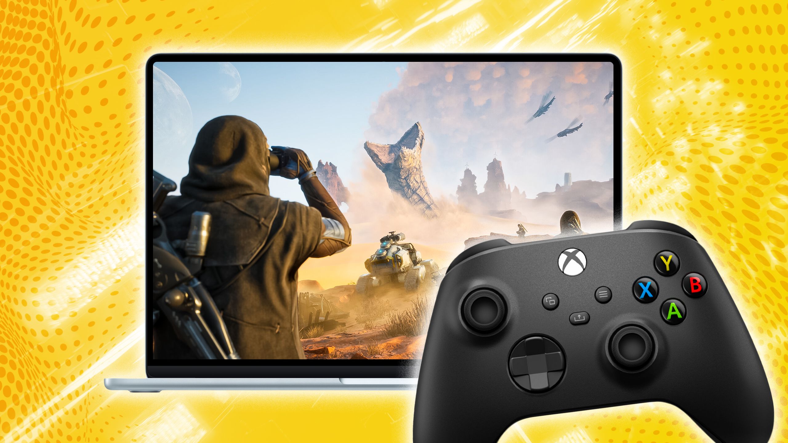 یک کنترلر MacBook و Xbox.