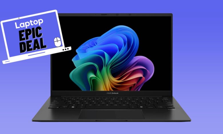 Black Asus Zenbook OLED laptop against blue gradient background with epic deal sticker.