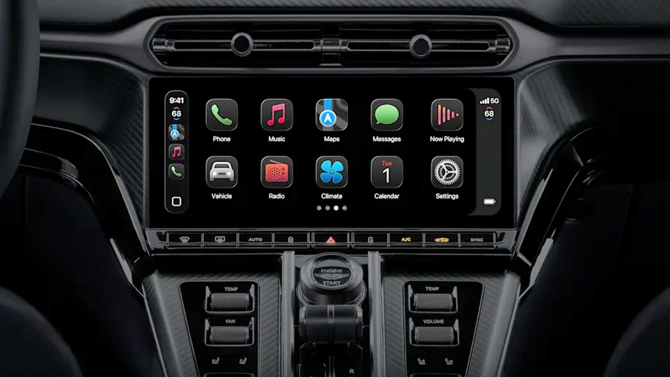 صفحه اصلی iOS 26 Carplay با نمادهای تاریک.